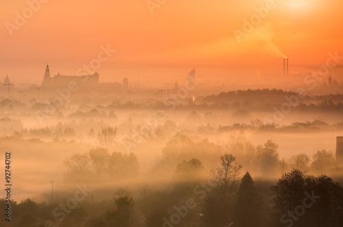 Morning panorama of Krakow old town, Poland, from Bodzow artillery fort