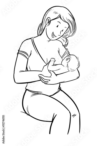 Dibujo A Linea Mujer Dando El Pecho Sentada A Su Bebe Recien Nacido Sobre Fondo Blanco Stock Illustration Adobe Stock