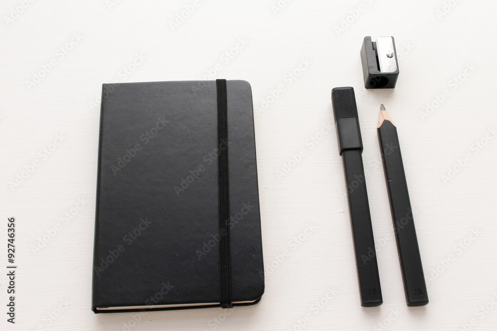 Drawing set consists of sketch book, two pens and sharpener Drawing set consists of sketch book, two pens and sharpener