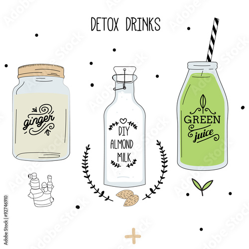 Detox fat flush drinks: ginger water, almond milk, green juice. 