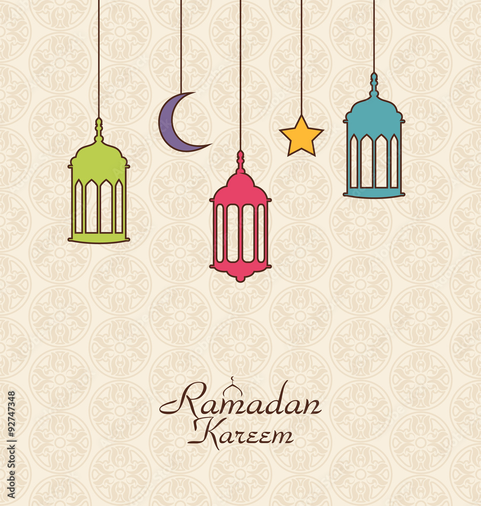 Naklejka premium Celebration Islamic Card with Arabic Hanging Lamps for Ramadan K