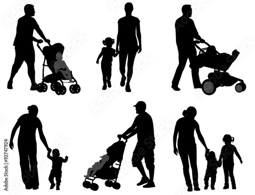parents walking with their children silhouettes - vector