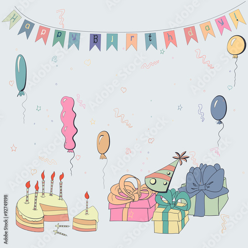 Vector card with cake and balloons