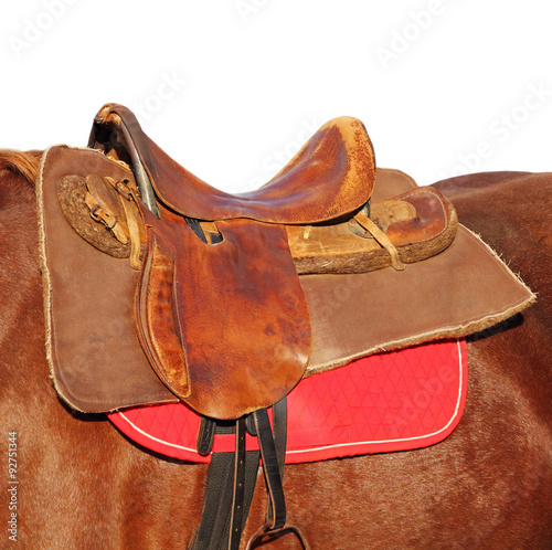 Ridding saddle on a brown horse taken closeup.