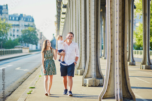 Sticker Happy family of three in Paris, France