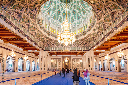 Sultan Qaboos Grand Mosque in Muscat, Oman. Its construction finished in 2001.