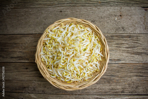 wicker baskets with Mungbean Sprouts on wooden background photo