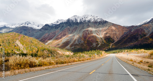 Highway Leads Through Peaks Alaska Range Fall Autumn Season