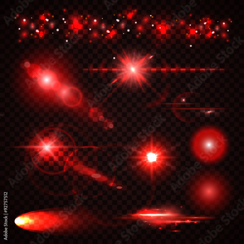 Set of red Light effects, spotlights, flash, stars and particles