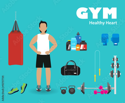 Fitness sport gym exercise equipment workout flat set concept. Vector illustration for colorful