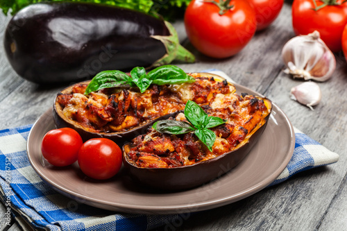 Baked eggplant with pieces of chicken photo