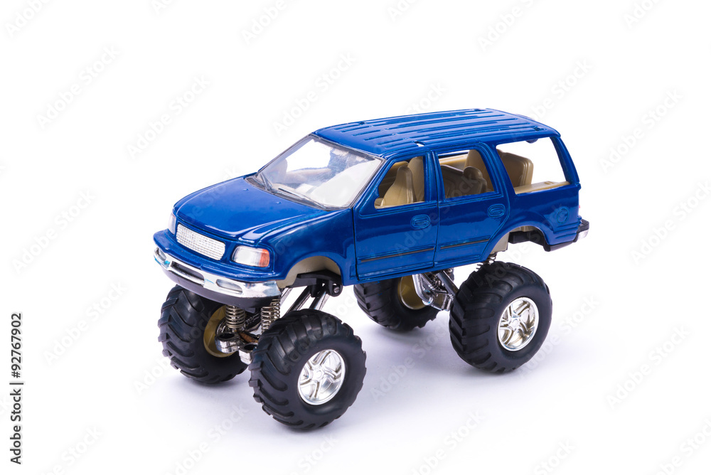Suv or truck, pick up, plastic car toy, on white background.
