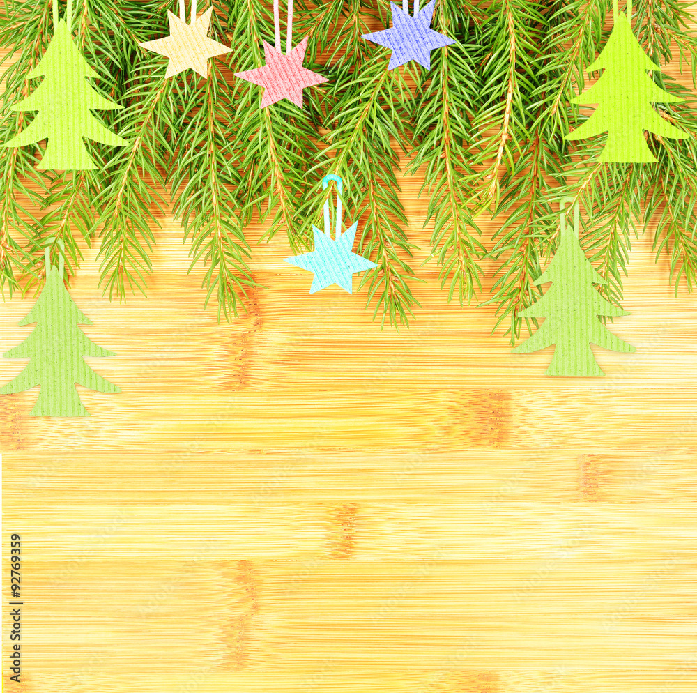 Wooden background, spruce, stars and Christmas tree Wooden background, spruce, stars and Christmas tree