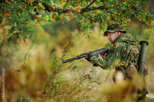 Russian special forces operator in the battlefield with a rifle