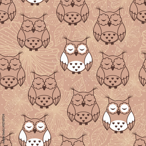 Seamless pattern of owls on beige background