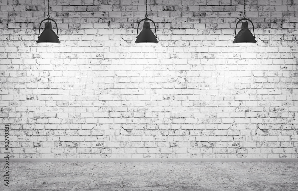 Fototapeta Ściana z cegieł, betonowa podłoga i lampy tło 3d odpłacamy się
