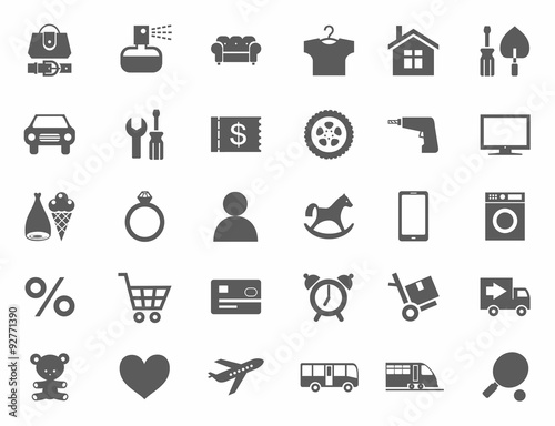 Icons, online store, product categories, monochrome, white background. 