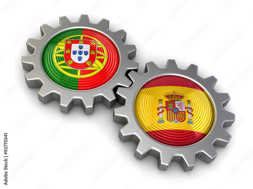 Portuguese and Spanish flags on a gears (clipping path included) - obrazy, fototapety, plakaty 