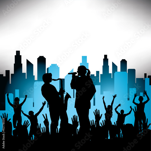 A singer and a saxophone player on a city background.