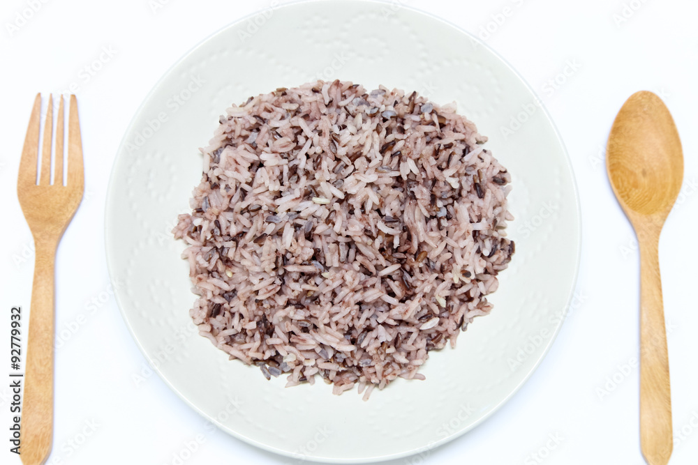 Rice mix purple rice berry rice in white plate Rice mix purple rice berry rice in white plate