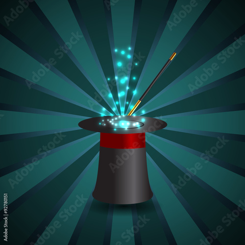 Magic show background with realistic magician hat stick and fire