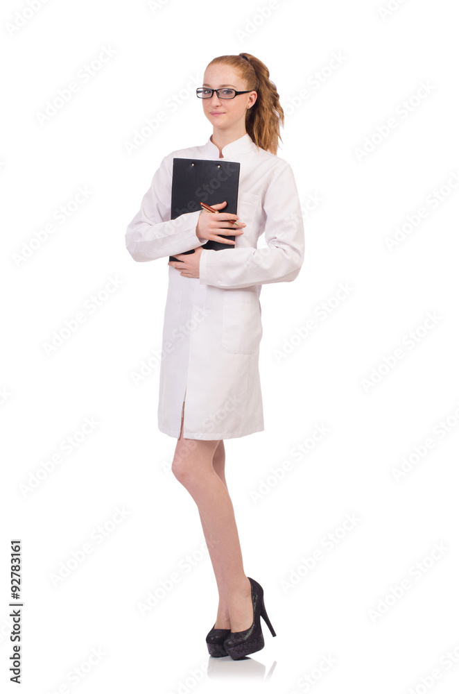 Pretty female doctor holding diary isolated on white Pretty female doctor holding diary isolated on white