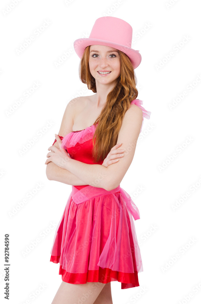 Pretty young wizard in mini pink dress isolated on white Pretty young wizard in mini pink dress isolated on white