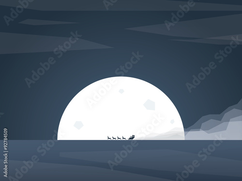 Santa claus riding sleigh with reindeer in front of full moon