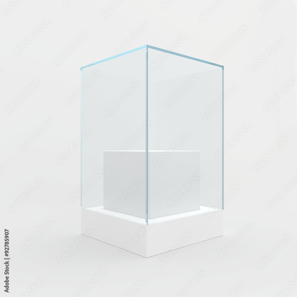 Empty glass showcase for exhibit. gray background Empty glass showcase for exhibit. gray background