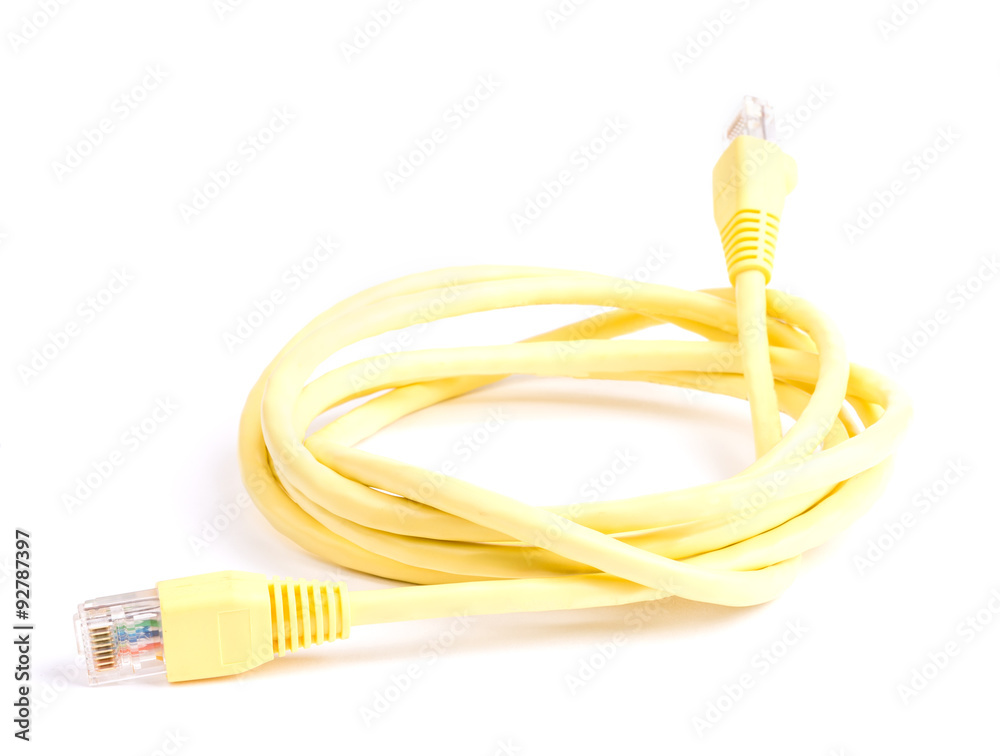 Yellow Network Cable with molded RJ45 plug isolated against Yellow Network Cable with molded RJ45 plug isolated against
