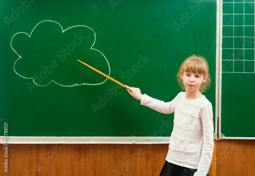 Scoolgirl standing in class near a green blackboard photo