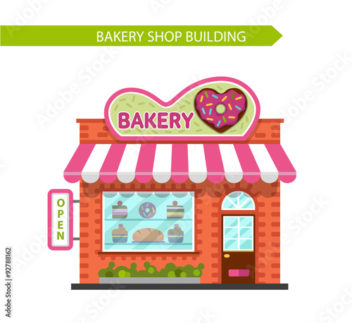 Vector flat style illustration of bakery shop building. Signboard with donut in heart shape. Isolated on white background.