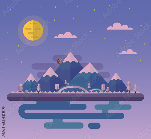 Wallpaper Mural Vector flat style nature landscape illustration with climber and hills, montains, big moon and sea. Torontodigital.ca