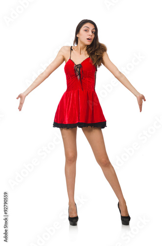 Woman wearing short mini red dress isolated on white