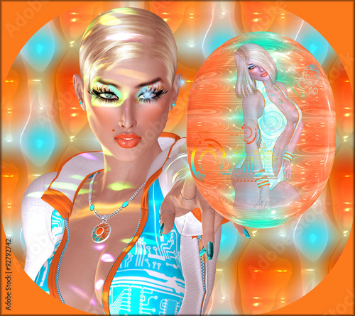 Two blonde girls or are they robots come together to form this colorful science, technology and futuristic, abstract beauty and fashion image.