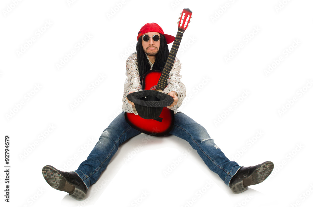 Naklejka premium Male musician with guitar isolated on white