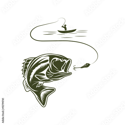 illustration of fisherman in a boat and big mouth bass