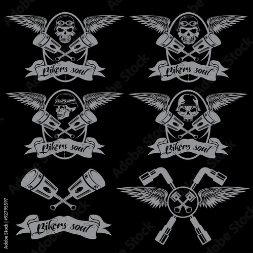 biker theme labels with pistons and skulls with wings
