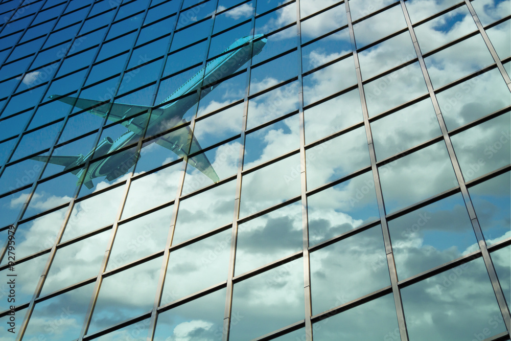 airplane reflect on building airplane reflect on building