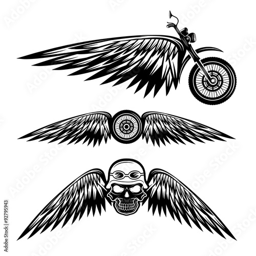 biker theme labels with wheel,bike and skulls with wings photo