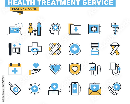 Flat line icons set of online medical support, family health care, health insurance, pharmacy, medical services. Vector concept for graphic and web design.