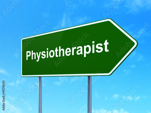 Healthcare concept: Physiotherapist on road sign background