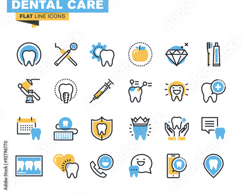 Flat line icons set of dental care theme, dental services, equipment and products, dental treatment and prosthetics. Vector concept for graphic and web design.