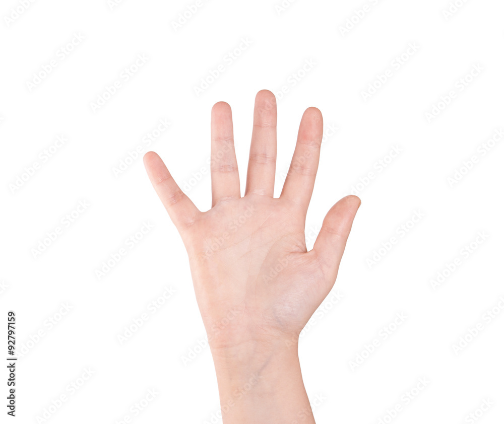 Woman hand showing the five fingers isolated on a white background Woman hand showing the five fingers isolated on a white background