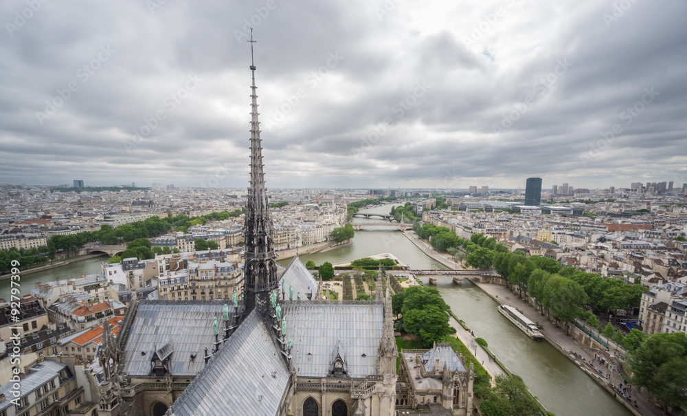 Skyline of Paris from Notre Dame with Seine river