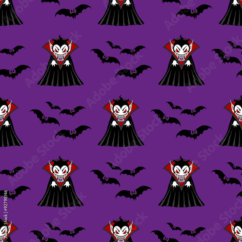 Vampire seamless pattern. Vampire man cartoon character in a predatory pose with flying bats