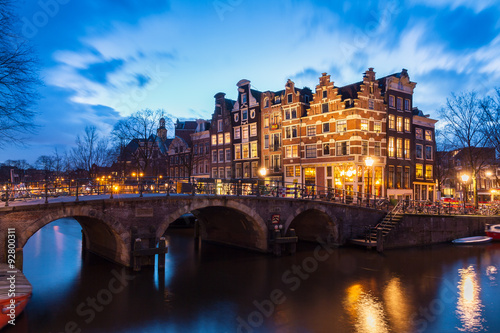 Beautiful view after sunset on the Brouwersgracht in Amsterdam, the Netherlands, a UNESCO world heritage site.