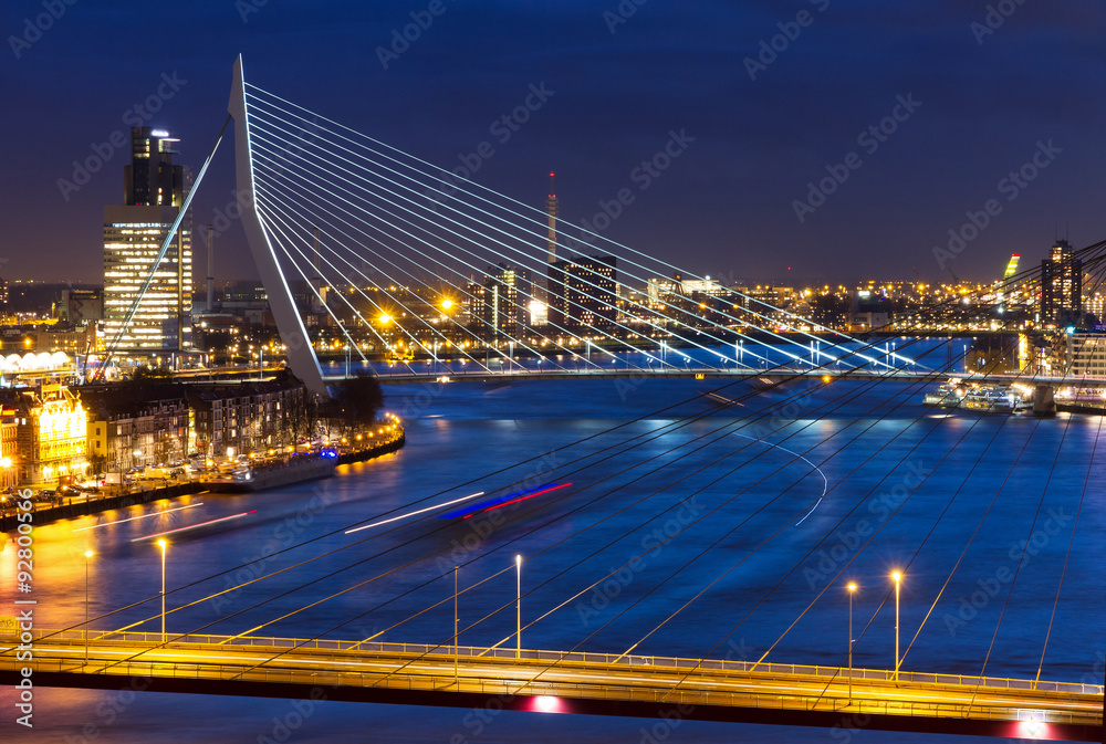 Beautiful twilight view on the bridges over the river Maas (Meuse) in Rotterdam, The Netherlands