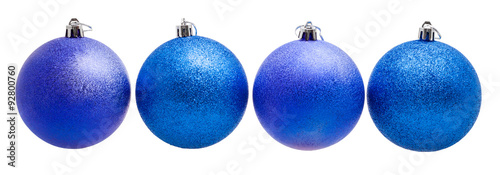 four blue xmas balls isolated on white background