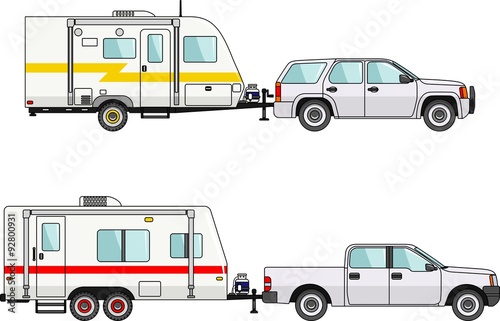 Set of car and travel trailers on a white background in flat